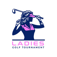 female golfer wearing pink hat, holding golf stick in vector logo concept 