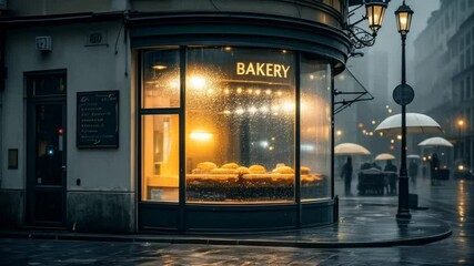 Charming bakery storefront on a rainy evening, inviting warm light visible through rain-streaked windows.  Perfect for autumnal or cozy themes.
