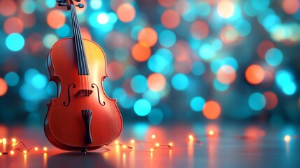Ethereal Elegance Solitary Cello on Stage with Teal, Coral Bokeh Lights, Musical Instrument
