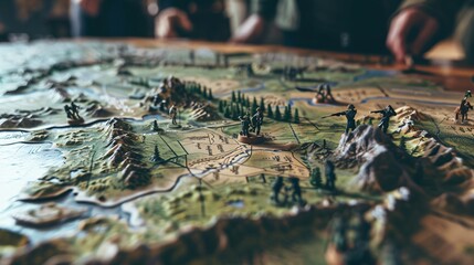 Naklejka premium Close-up of detailed military strategy map with miniature soldiers and terrain models on wooden table for tactical planning and battlefield simulation.