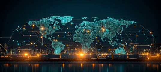 Obraz premium Futuristic Trains Crossing Cyber World Map, Symbolizing Global Connectivity and Information Exchange