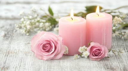 A serene arrangement of lit pink candles surrounded by soft pink roses on a rustic wooden surface, ideal for use in romantic or calming decor, wellness, or event promotion,