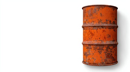 An old, rusty orange barrel stands against a white background, showcasing its weathered texture and industrial aesthetic.