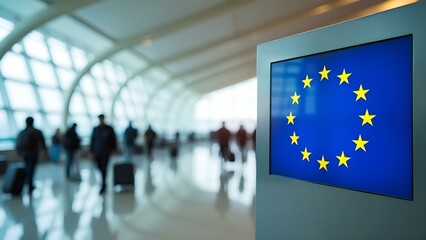 Schengen zone sign with European Union emblem in airport terminal, with blurred figures of travelers in background.