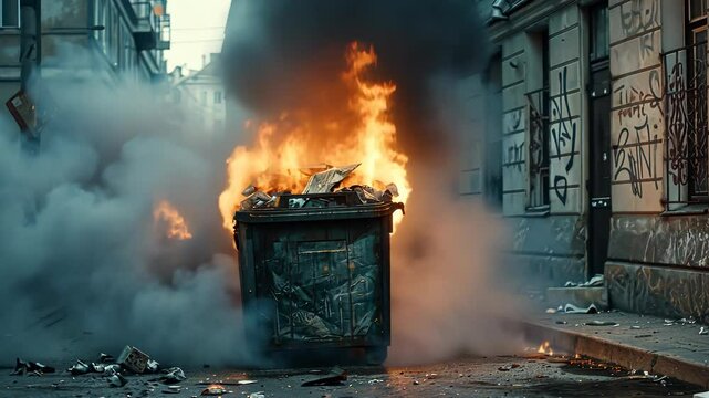 Burning Trash Bin in an Urban Alleyway