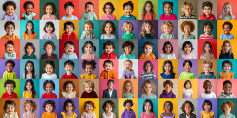 Portrait collage of children with diverse expressions and colorful backgrounds