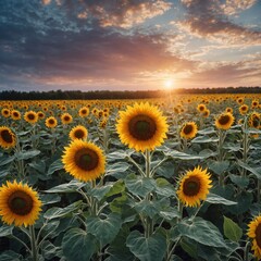 Fototapeta premium A vibrant sunflower field under a sky painted with pastel morning light.