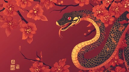 Obraz premium Chinese New Year 2025 vector illustration of Year of Snake cover, poster and sale banner. Chinese zodiac Snake symbol.