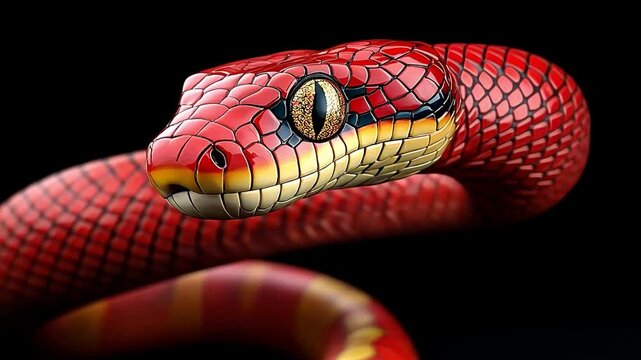 Close-up of a vibrant red snake against a black background.