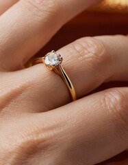 Close-up of a gold and diamond ring on a model's finger, intricate design, macro lens captures brilliance and soft luster with studio lighting, elegant and refined.