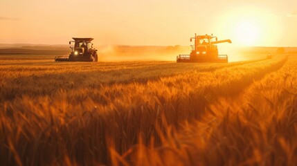 Tractor drives by collecting wheat harvest in the field at sunset, AI generated image