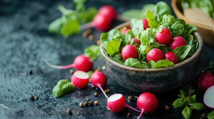 Fresh radish and spinach salad in bowl.
