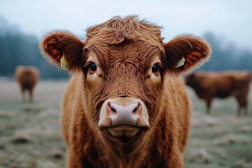 Close-Up of a Gentle Brown Calf in a Misty Pasture Surrounded by Cattle, Capturing the Serenity and Charm of Farm Life at Dawn