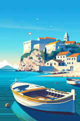 Mediterranean travel poster with boat