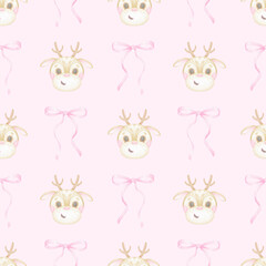 Deer, bow. Watercolor seamless pattern in pastel colors. Cute cartoon illustration for textile and paper for Christmas