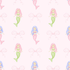 mermaid, bow. Watercolor seamless pattern in pastel colors for textile and wrapping paper. Cute underwater world illustration for kids