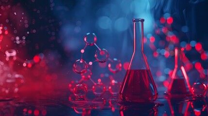 Close-up of blue and red glass flasks and vials displaying chemical structures in a medical science and technology research laboratory setting