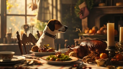 The dog sits at a table full of food, including roast turkey, pumpkins and apples. The table is set with fine china, silverware and candles.