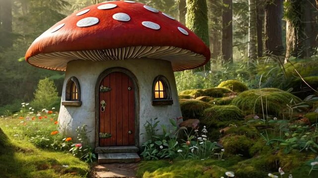mushroom shaped house in the morning forest
