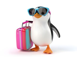 Obraz premium Penguin wearing oversized sunglasses and dragging a vibrant suitcase