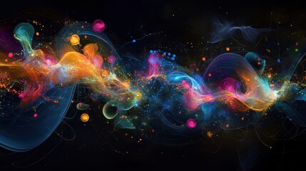 Obraz premium An abstract visualization of quantum data, featuring colorful entangled particles, glowing nodes, and swirling quantum waveforms against a dark background.