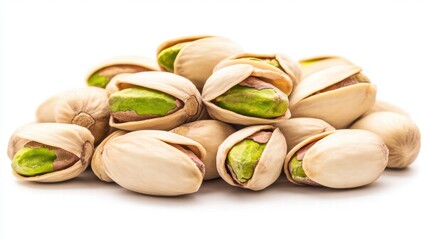 Fresh and Delicious Pistachio Nuts Piled Together on a White Background for Healthy Snack Concepts and Culinary Uses