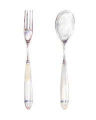Silver spoon and fork with white ceramic handle. Hand drawn watercolor illustration of cutlery