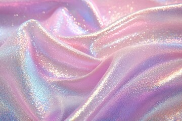 A close-up of iridescent fabric, with the colors transitioning from purple to pink and blue, creating an ethereal effect. The background is a soft pastel color that complements the fabric's hues. This