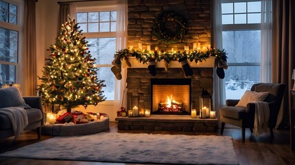 Cozy living room with a beautifully decorated Christmas tree, glowing lights, and stockings hanging by the fireplace. Snow gently falls outside the window.