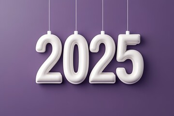 3D White 2025 Number Hang on Purple Surface, Representing a Bright and Prosperous Future in the Coming Happy New Year.