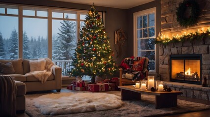 Cozy living room with a beautifully decorated Christmas tree, glowing lights, and stockings hanging by the fireplace. Snow gently falls outside the window.