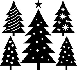 Fototapeta premium Black and White Christmas Tree Silhouette Vector Set with Festive Lights