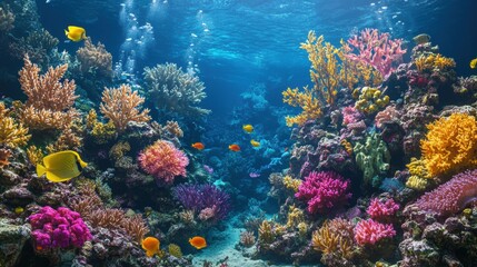 Obraz premium Vibrant Underwater Scene Depicting Colorful Coral Reefs and Exotic Fish in Crystal Clear Ocean Water, Showcasing Marine Biodiversity and Natural Beauty