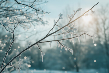 A delicate branch covered in icicles and frost sparkles in the sunlight on a cold winter morning