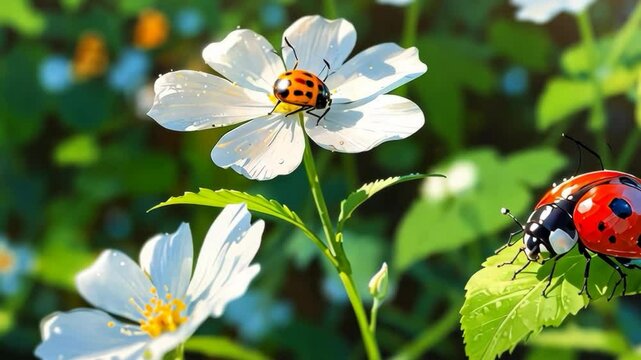 Video footage of ladybug rests on a white flower with another ladybug on a green leaf, set against a vibrant garden backdrop, showcasing the beauty of nature