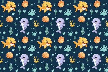 Cute Marine Life and Hearts Pattern for Valentine's Day Seamless Pattern