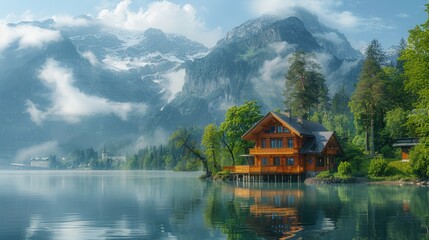 Fototapeta premium a house in the middle of a lake surrounded by mountains
