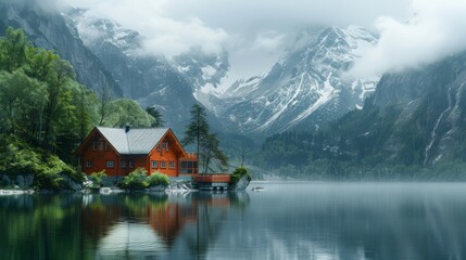 Fototapeta premium a house in the middle of a lake surrounded by mountains