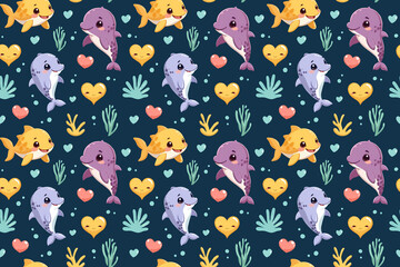 Adorable Valentine's Day Dolphin Pattern with Hearts and Marine Elements Seamless Pattern