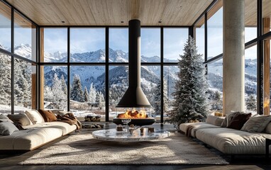 A luxurious open-plan living space with a modern fireplace, a frosted Christmas tree, and large windows framing a snowy mountain view