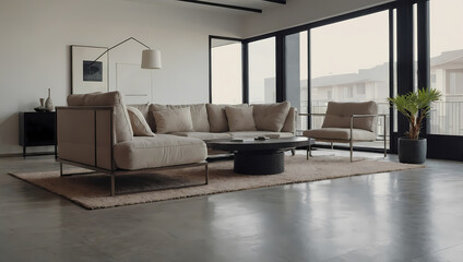 Contemporary living room with beige sectional sofa, metal frame, coffee table, armchair, rug, floor lamp, and potted plant. Large windows offer exterior view. Polished concrete floor. Minimalist decor