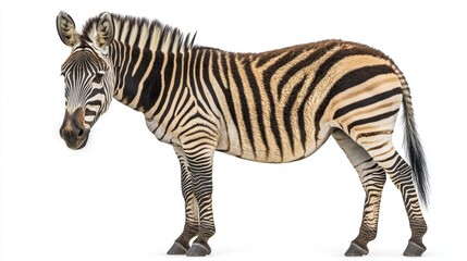 Obraz premium Striking Zebra Standing Firmly in Profile with Bold and Unique Black and White Stripes on a Clean White Background, Capturing the Beauty of Wildlife