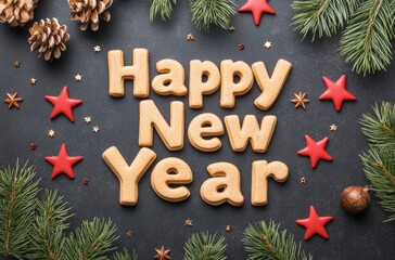 Happy New Year Celebration Background Decorated with Pine Leaves, Conifer Cones and Stars.