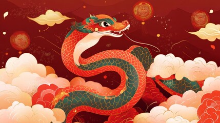 Obraz premium Chinese New Year 2025 vector illustration of Year of Snake cover, poster and sale banner. Chinese zodiac Snake symbol.