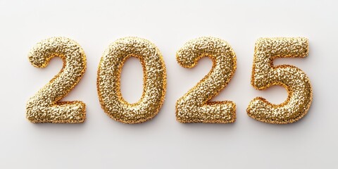 2025 Gold Glitter Number on White Surface, Representing a Bright and Prosperous Future in the Coming Happy New Year.