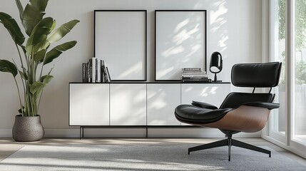 Modern Living Room Interior with Elegant Chair, Minimalist Decor, Large Windows, Natural Light and Indoor Plant Showcasing Contemporary Design Elements