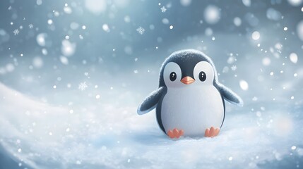 A cute penguin sliding on ice, with snowflakes falling around
