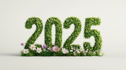 Green 2025 Grassy Number Surrounded by Floral on White Surface, Representing a Bright and Prosperous Future in the Coming Happy New Year.