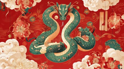 Fototapeta premium Chinese New Year 2025 vector illustration of Year of Snake cover, poster and sale banner. Chinese zodiac Snake symbol.