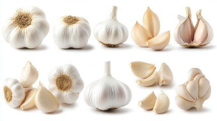 Fresh Garlic Collection Displaying Whole Bulbs, Cloves, and Sliced Segments Perfect for Culinary Use, Healthy Cooking, and Food Photography Inspiration